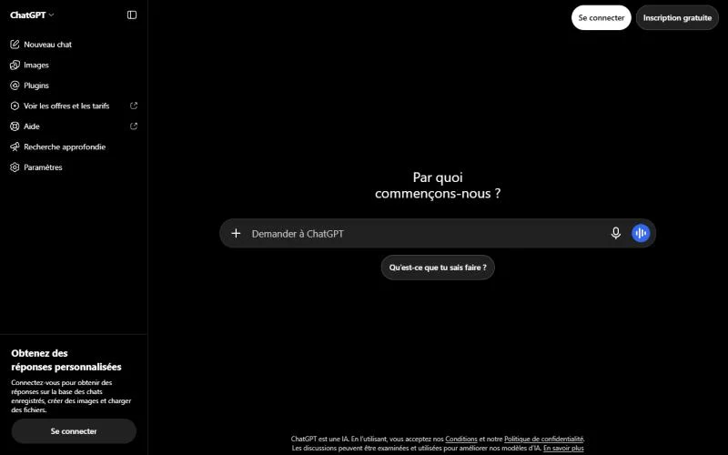 Page d’accueil de ChatGPT en français, sans compte connecté