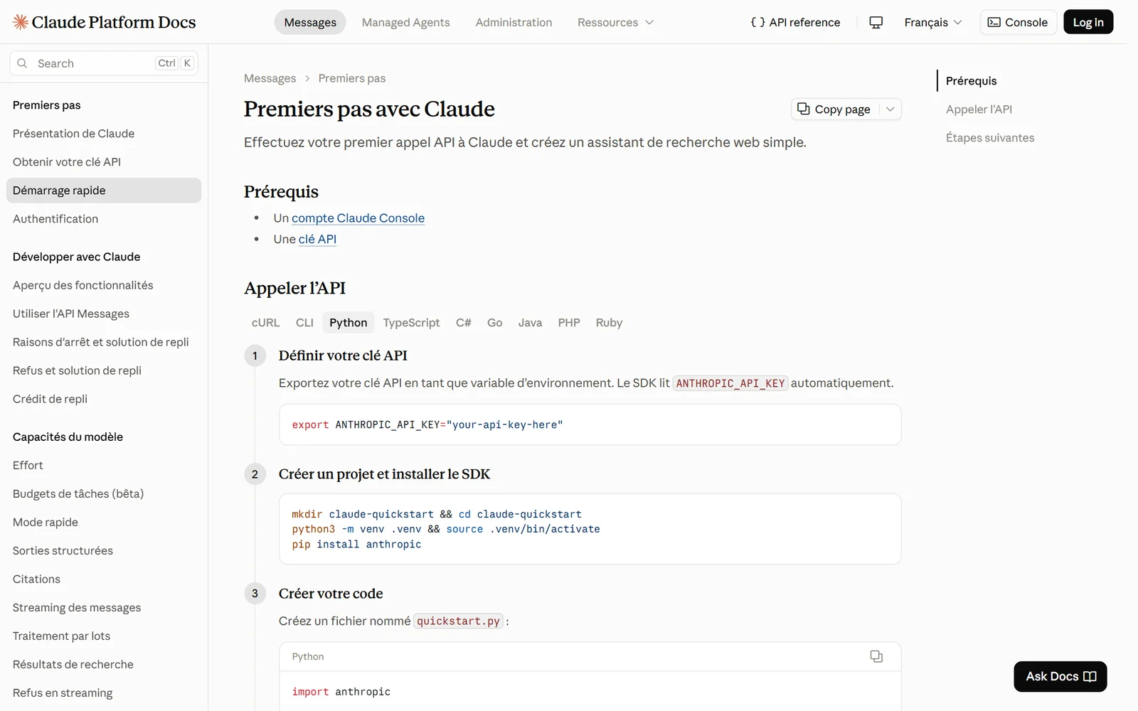 Page « Premiers pas avec Claude » de la documentation Claude Platform
