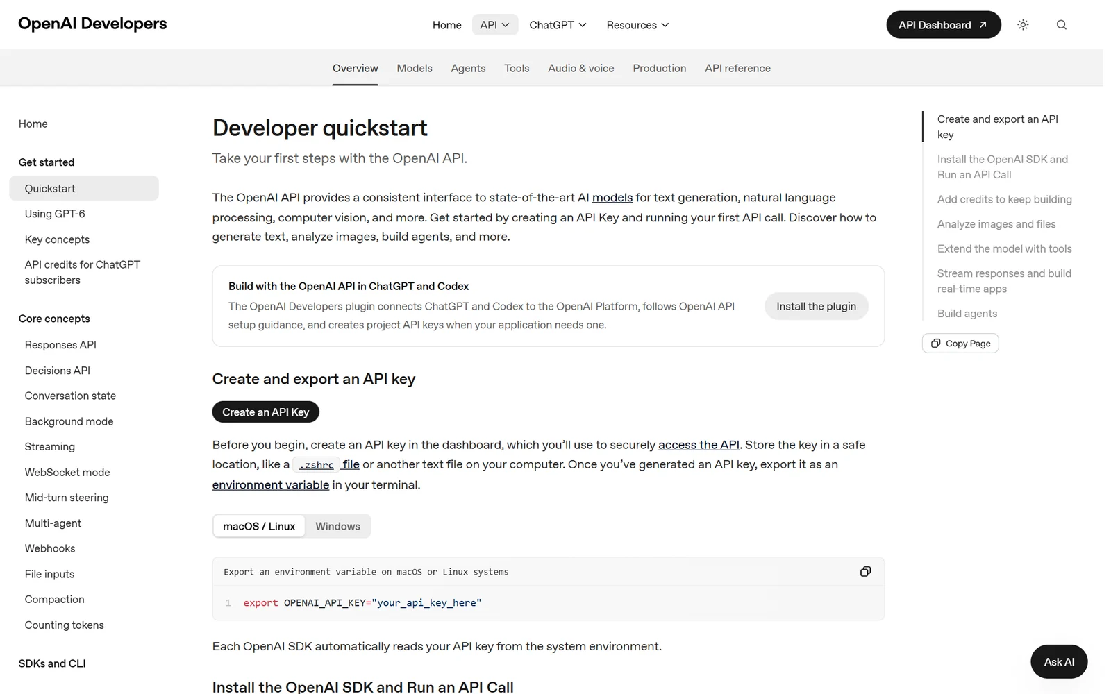 Page « Developer quickstart » de la documentation OpenAI