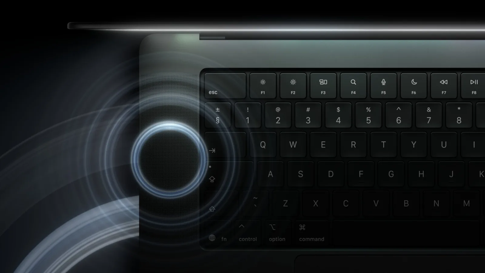 Vue de dessus du clavier du MacBook Pro avec une illustration des haut-parleurs